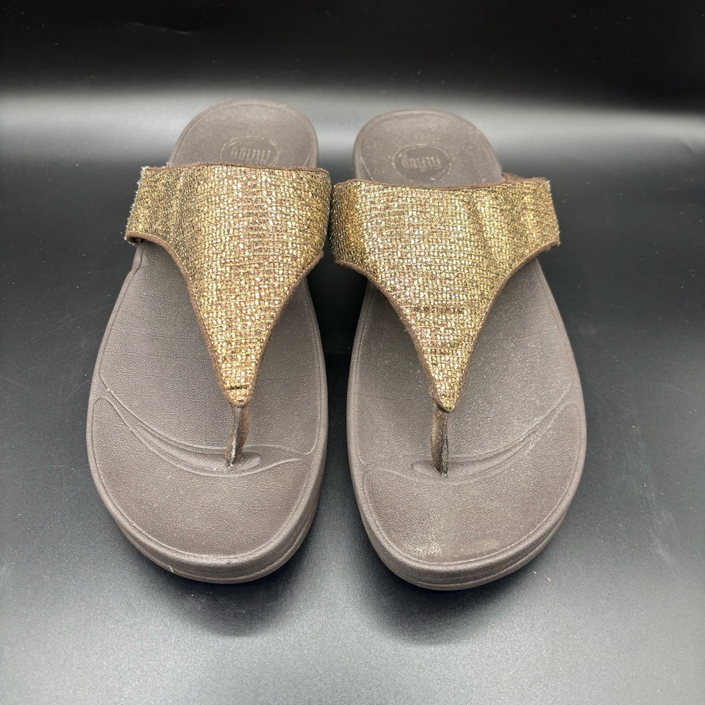 FitFlop Womens Lulu‎ Glitter Toe Post Strap Leather Sandals Flip Gold Size 10